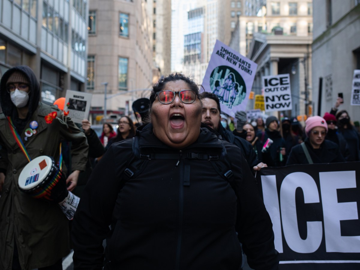 Dozens of immigrant-rights advocates marched to the World Trade Center to protest Department of Homeland Security Secretary Kristi Noem holding a press conference a day after immigration agents fatally shot a woman Minneapolis