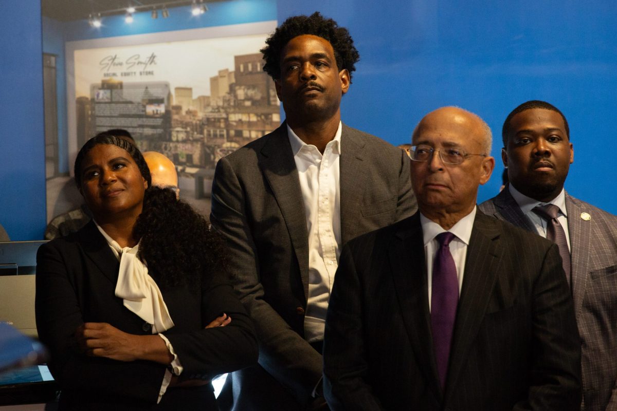 Cannabis social equity fund managers Lavetta Willis, left, Chris Webber and Bill Thompson attend the pre-opening press conference for a state-sanctioned cannabis store on Bleecker Street.