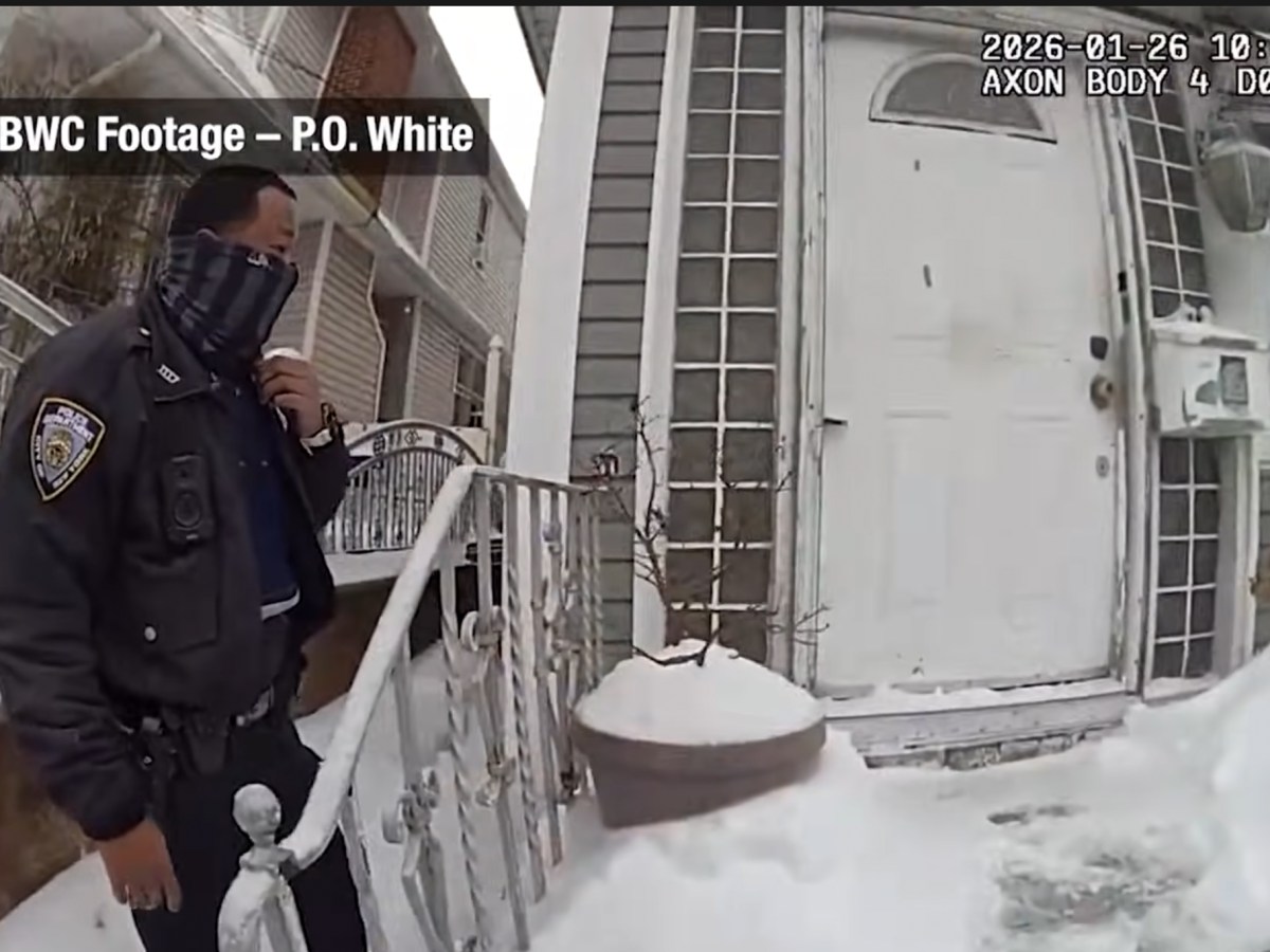 NYPD officers approach the Queens home of Jabez Chakraborty after his mother called 911 to request an ambulance because her son was having a schizophrenia episode,