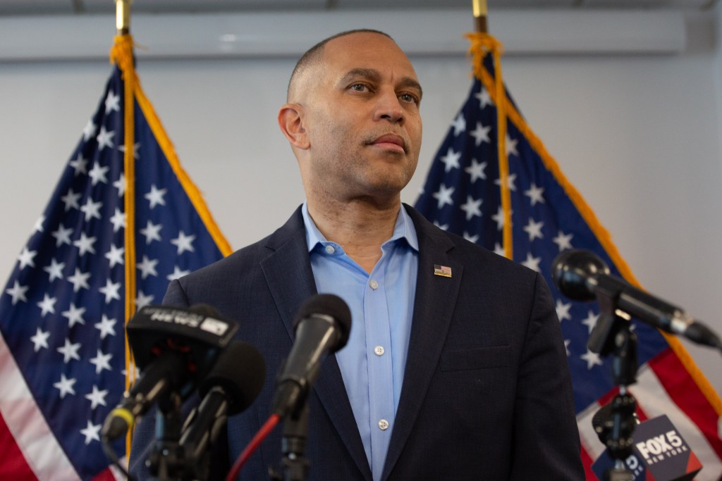 House Minority Leader Hakeem Jeffries speaks in Fort Greene about responding to President Donald Trump’s agenda.