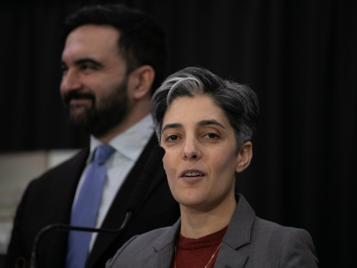 Deputy Mayor for Housing and Planning Leila Bozorg speaks at a press conference alongside Mayor Zohran Mamdani about installing electrical heat pumps at a Far Rockaway NYCHA complex,