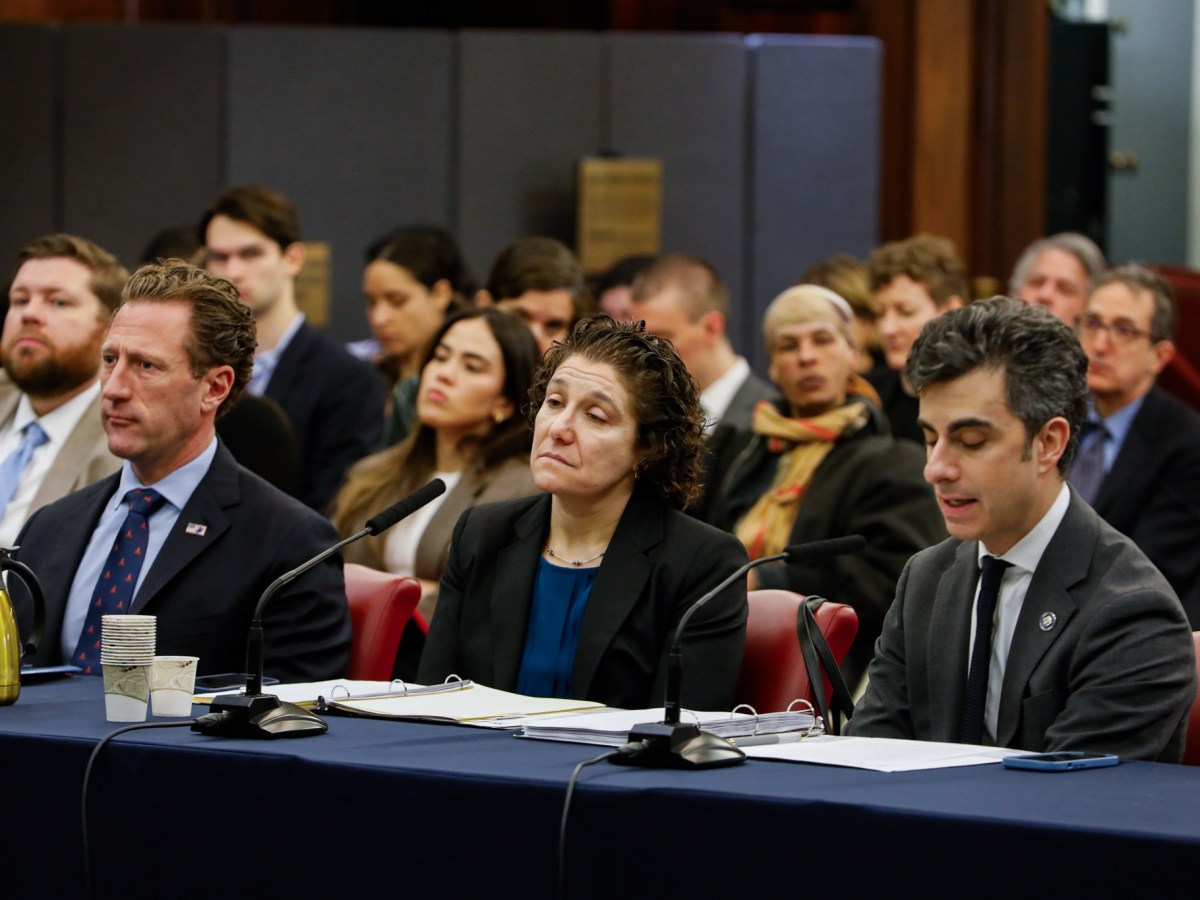 Office of Emergency Management Commissioner Zach Iscol, left, Department Social Services Commissioner Molly Wasow Park and NYPD Strategic Initiatives Deputy Commissioner Alex Crohn testify at a Council hearing on the city’s response to the snowstorm and freezing temperatures,