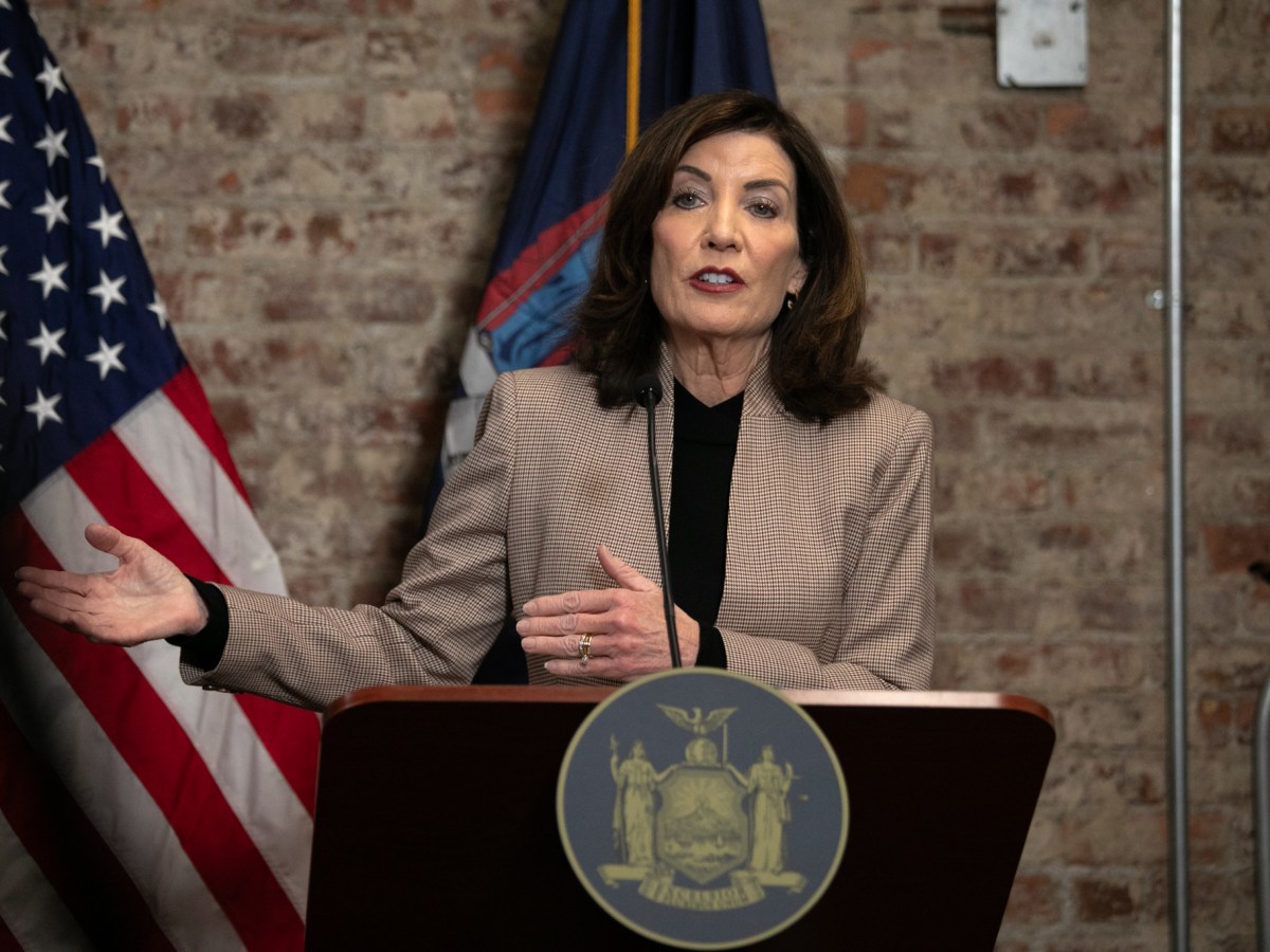 Gov. Kathy Hochul holds a press conference at the Brooklyn Armory in Crown Heights,