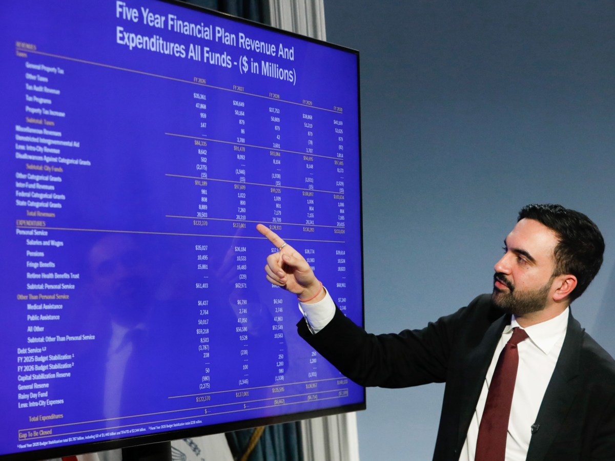 Mayor Zohran Mamdani explains his first preliminary budget during a City Hall press conference,