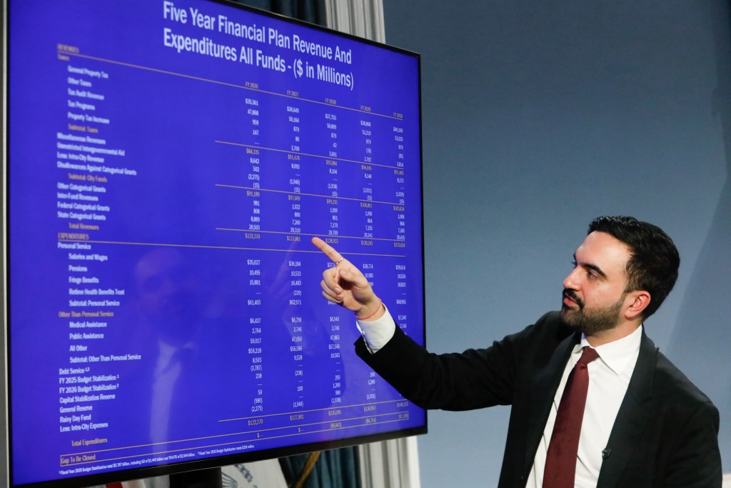 Mayor Zohran Mamdani explains his first preliminary budget during a City Hall press conference,