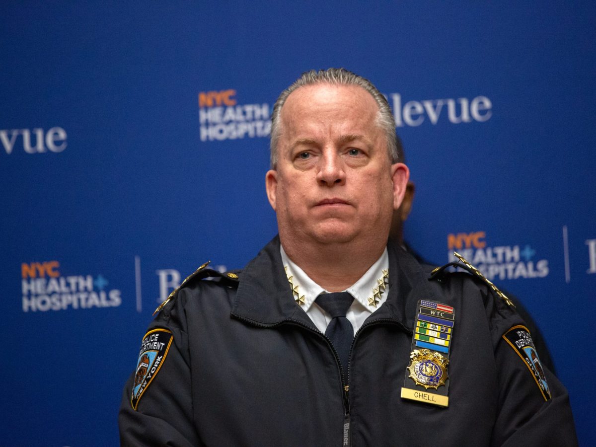 NYPD Chief of Department John Chell attends a Bellevue press conference about an officer who was shot in the line of duty.