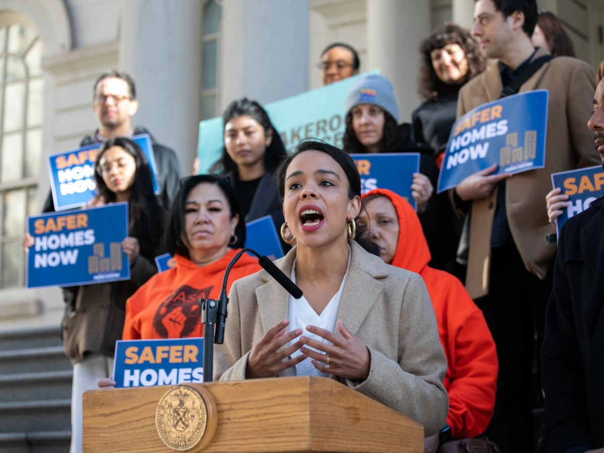 Councilmember Pierina Sanchez (D-Bronx) speaks at City Hall ahead of hearing on the city’s third party transfer system for neglectful landlords,