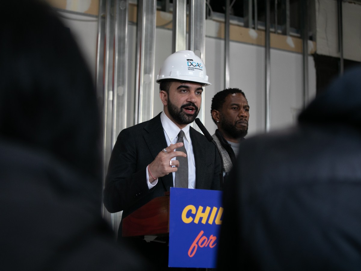 Mayor Zohran Mamdani speaks at an under-construction free childcare center for city workers inside the Municipal Building,