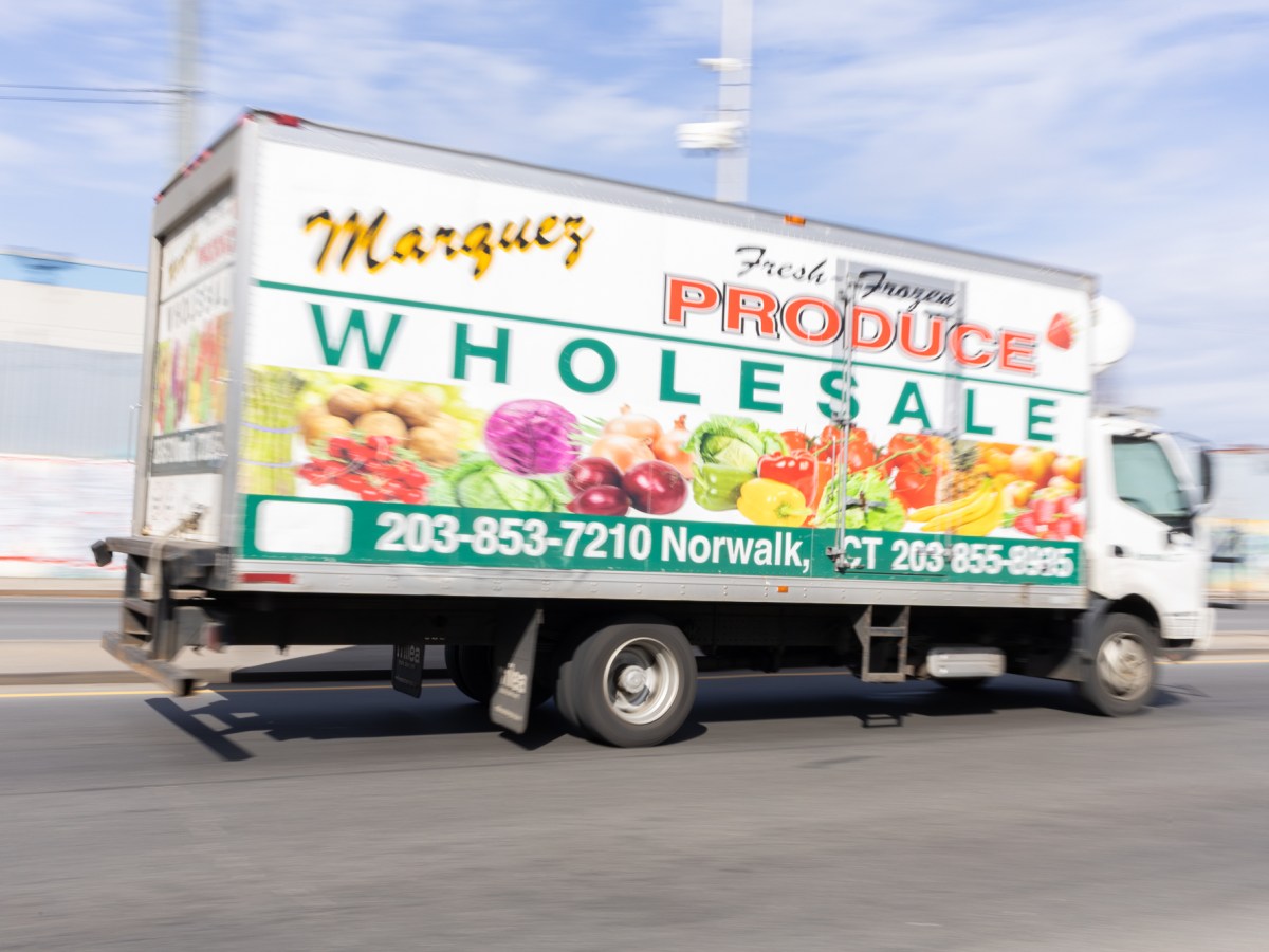 A delivery truck leaves the Hunts Point Produce Market,