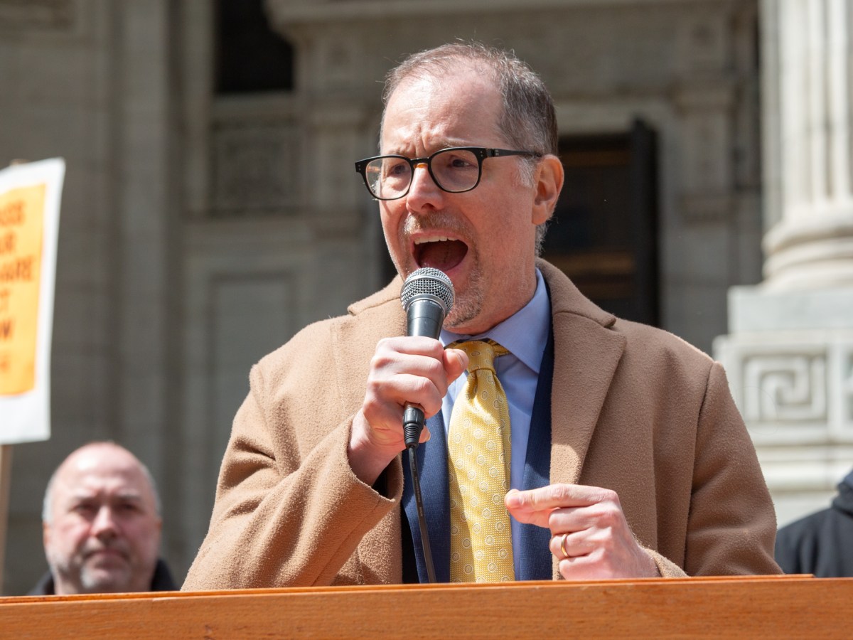 Manhattan Borough President Mark Levine speaks at a rally outside the New York Public Library’s main branch about the Fair Share Act for city-subsidized developers to pay construction workers a prevailing wage.