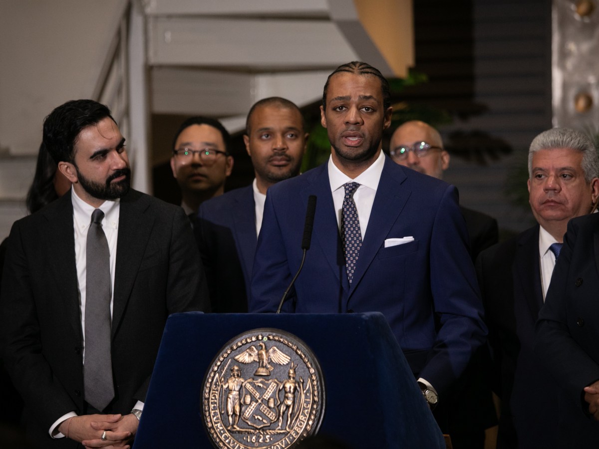 Newly-appointed Office of Deed Theft Prevention Director Peter White speaks alongside Mayor Zohran Mamdani at The Brooklyn Bank in Bed-Stuy during a press conference about protecting homeowners, April 24, 2026.