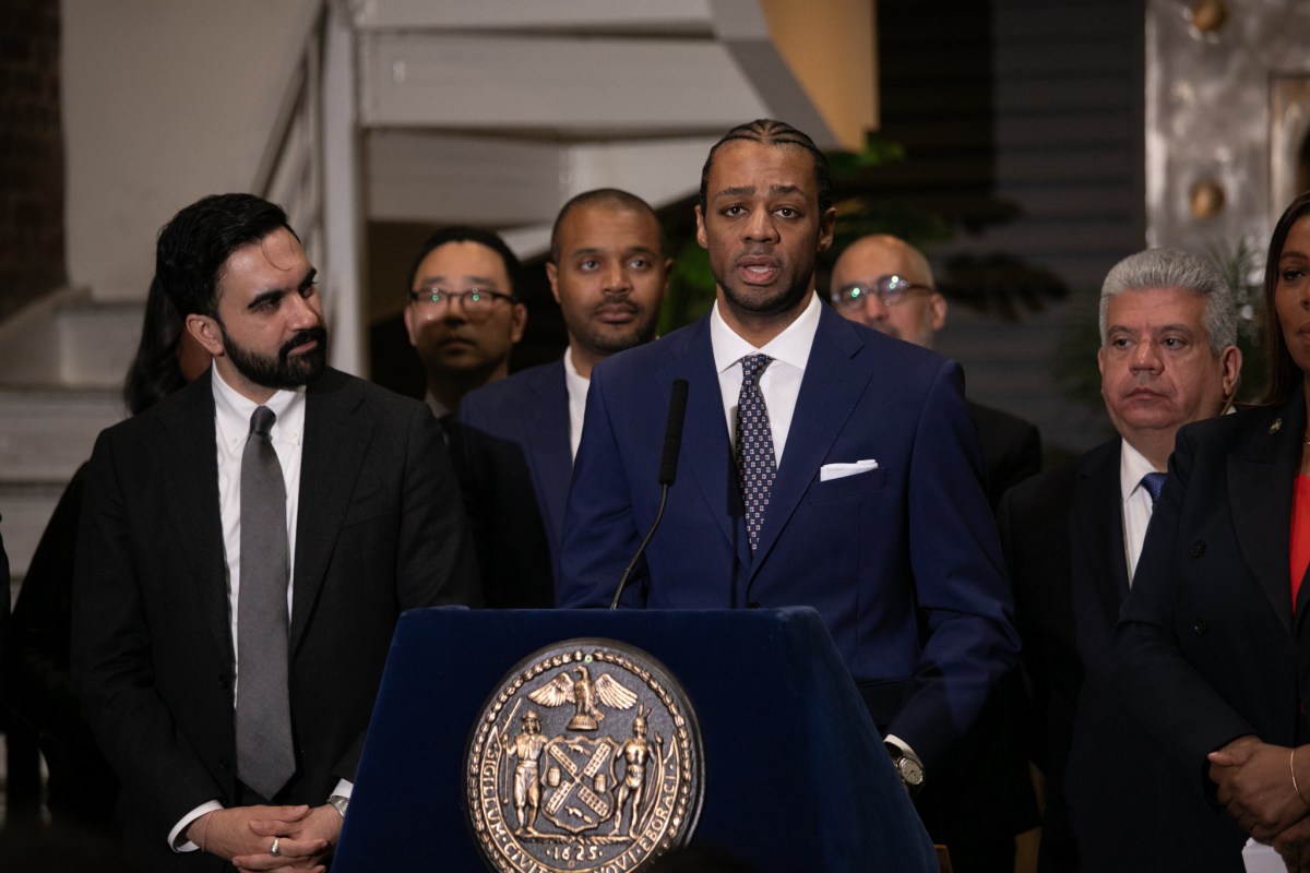 Newly-appointed Office of Deed Theft Prevention Director Peter White speaks alongside Mayor Zohran Mamdani at The Brooklyn Bank in Bed-Stuy during a press conference about protecting homeowners, April 24, 2026.