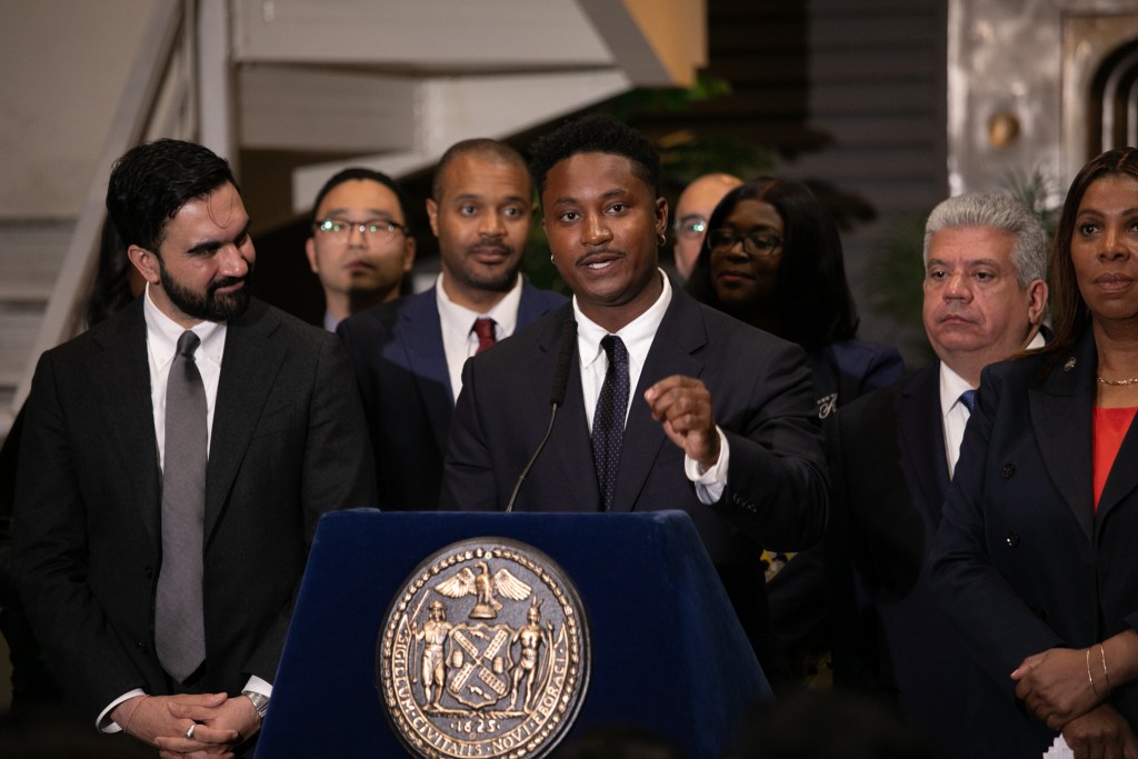 Councilmember Chi Ossé speaks at The Brooklyn Bank in Bed-Stuy about the newly-created Office of Deed Theft Prevention, April 24, 2026.