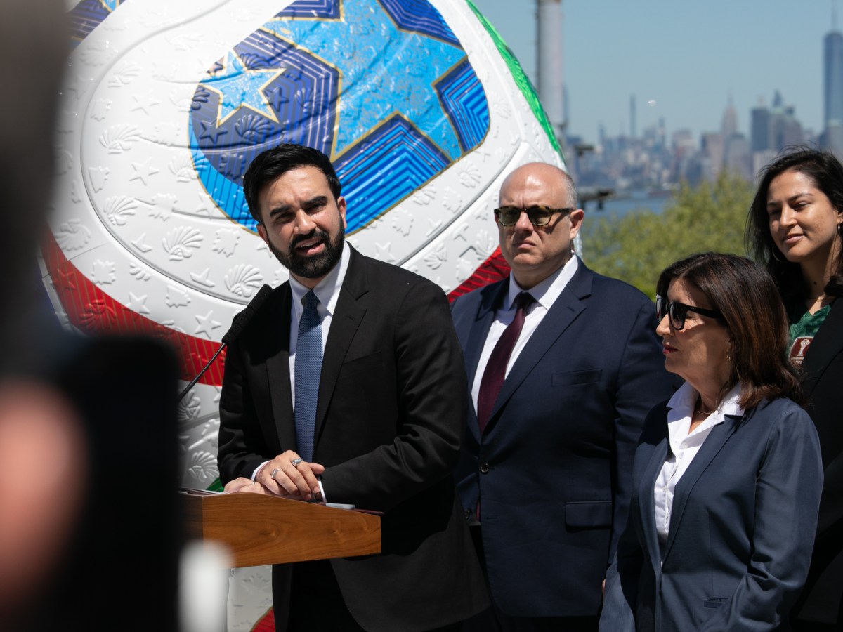 Mayor Zohran Mamdani speaks alongside Gov. Kathy Hochul at the Ferry Hawks baseball stadium on Staten Island about providing free World Cup viewing locations throughout the city,