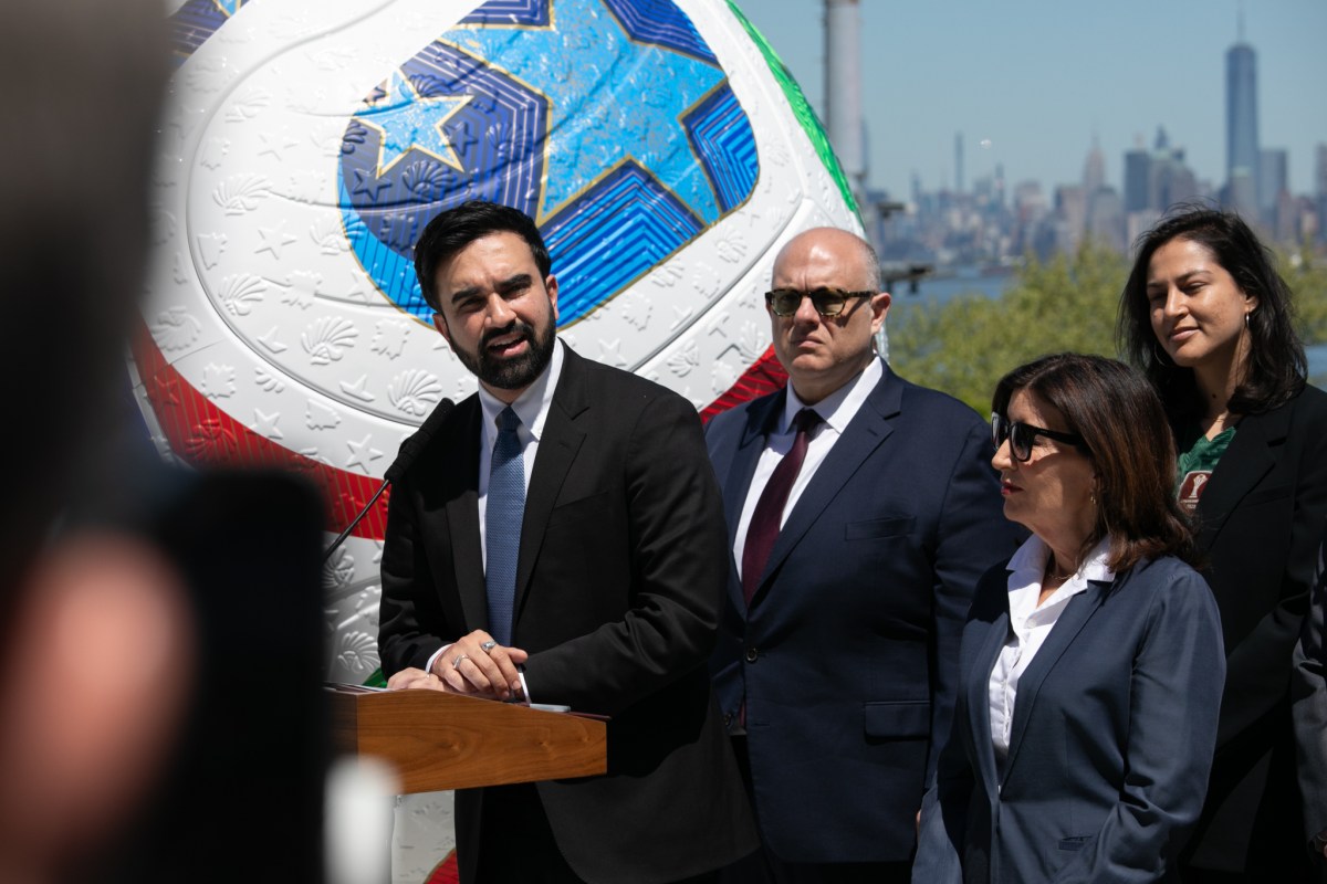 Mayor Zohran Mamdani speaks alongside Gov. Kathy Hochul at the Ferry Hawks baseball stadium on Staten Island about providing free World Cup viewing locations throughout the city,