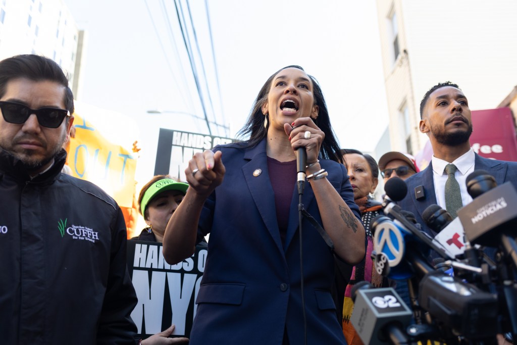 Councilmember Sandy Nurse (D-Brooklyn) speaks at a rally outside Wyckoff Heights Medical Center after a clash between protesters and the NYPD following federal agents tasing a man, May 4, 2026.