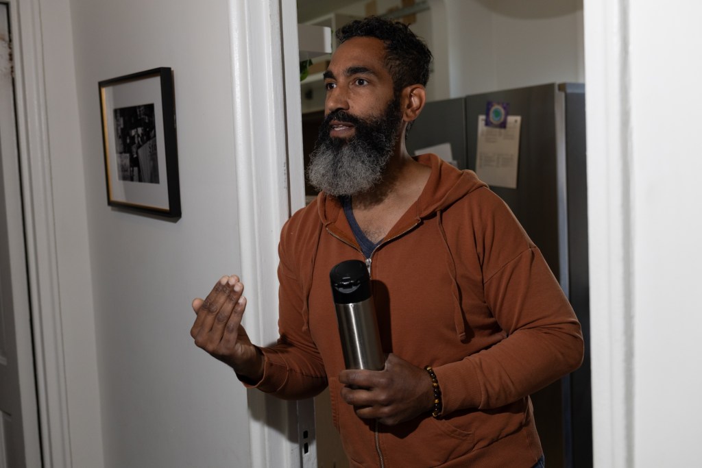 Prospect Lefferts Gardens co-op tenant Bobby McCullough speaks in his apartment about a construction site pile driver causing damage to his home.