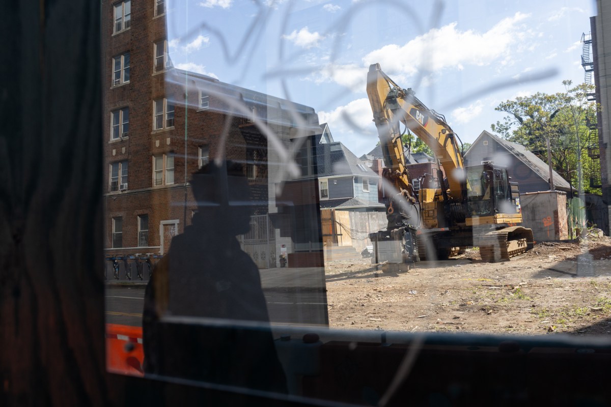 A pile driver sits in a Prospect Lefferts Gardens construction site.