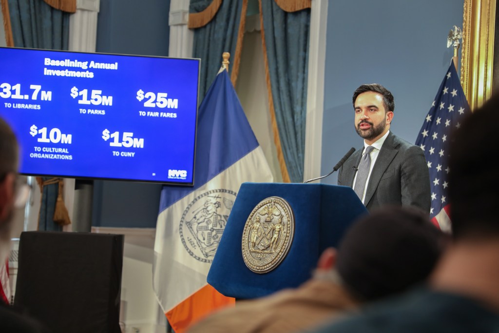 Mayor Zohran Mamdani speaks at City Hall about his executive budget,