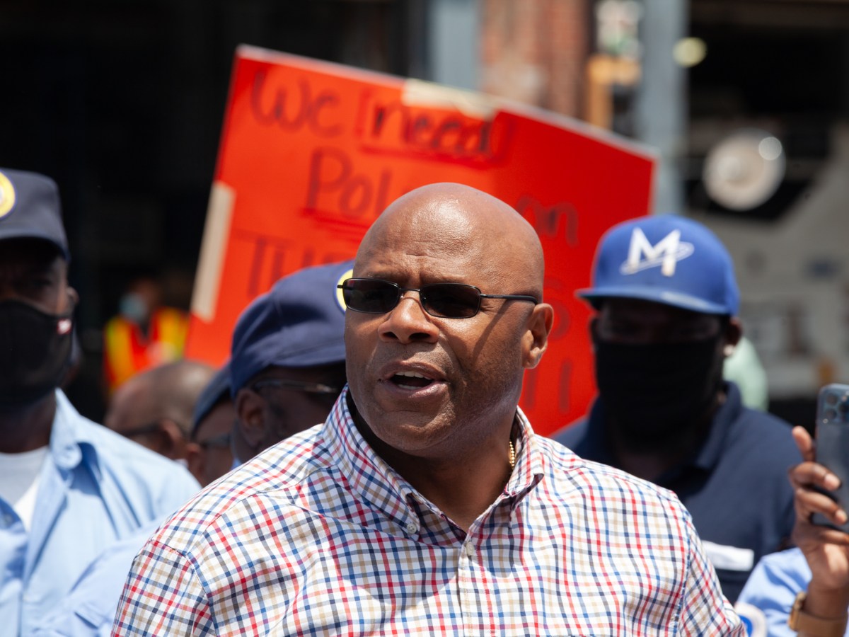 Tony Herbert speaks at a then-mayoral candidate Eric Adams event at a Brooklyn bus depot,
