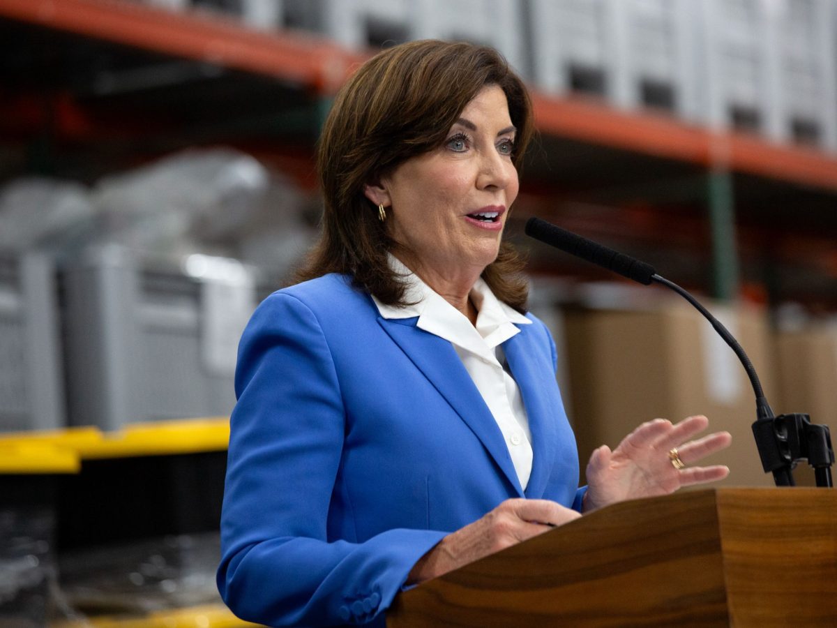 Governor Kathy Hochul speaks at a Bronx law enforcement warehouse about the city and state’s efforts to seize illegal cannabis products.