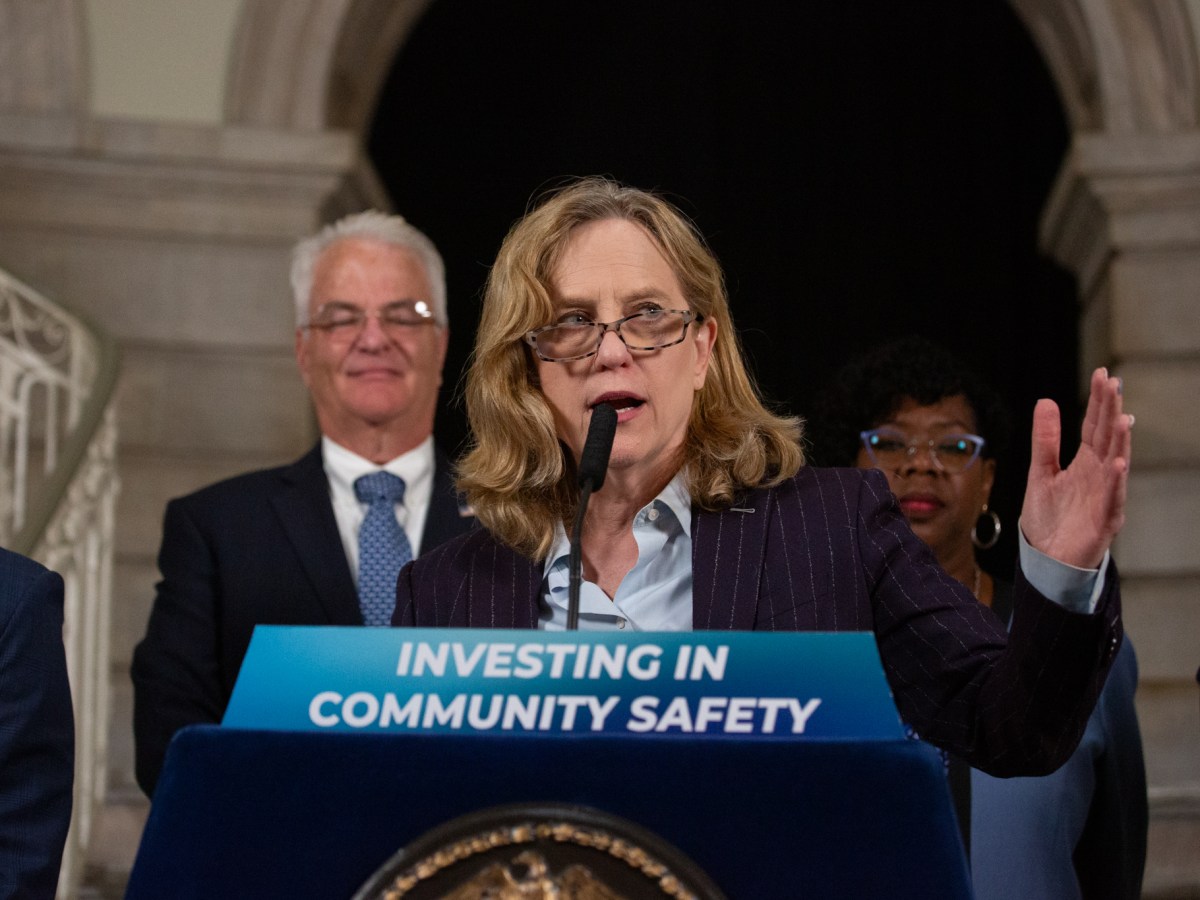 Queens District Attorney Melinda Katz speaks at City Hall alongside other district attorneys about Mayor Eric Adams increasing their budgets.