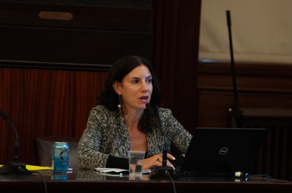 Then-Mayor’s Office of Criminal Justice director Dana Kaplan testifies at a Council hearing on closing Rikers Island