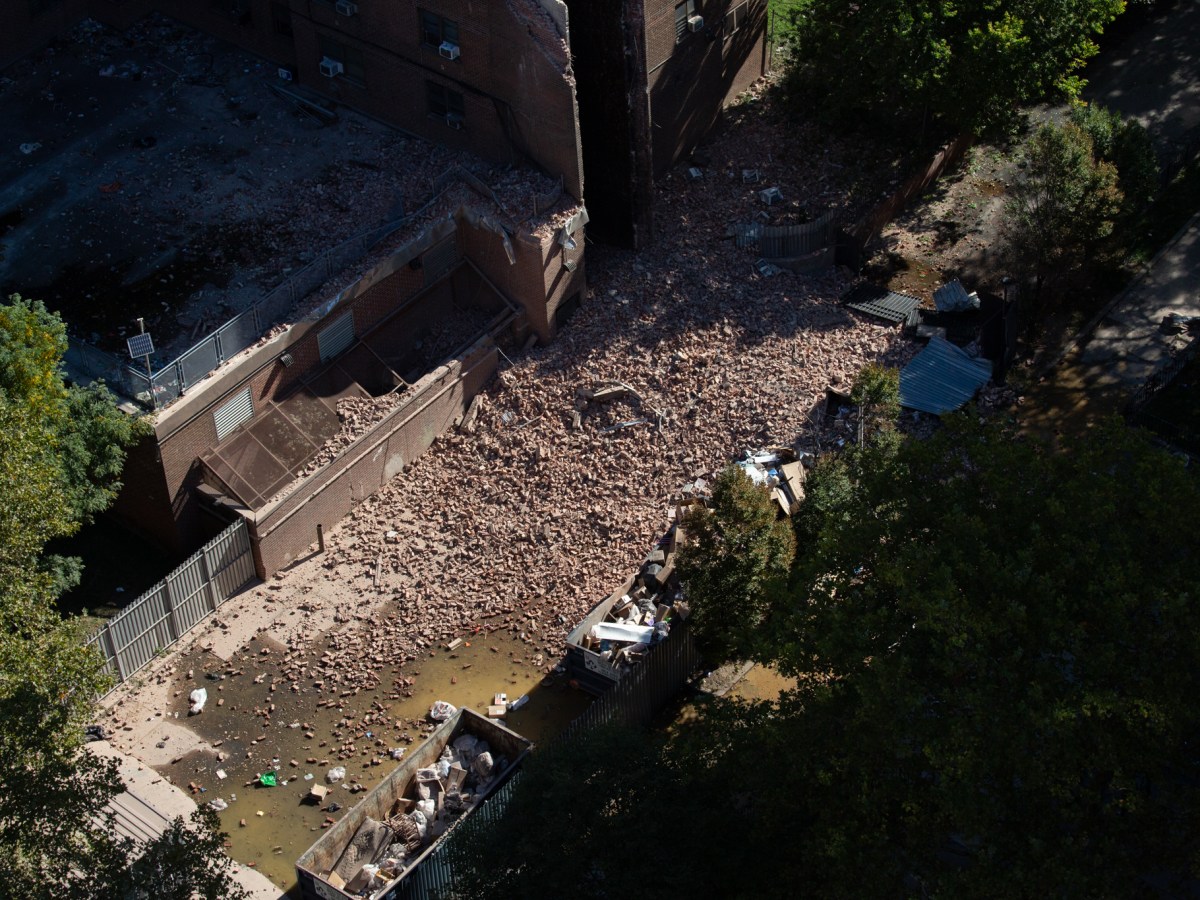 Rubble was strewn across the ground at NYCHA’s Mitchel Houses in the South Bronx after a partial building collapse,