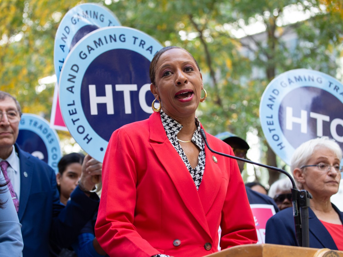 Council Speaker Adrienne Adams leads a Lower East Side rally against several ballot proposals she says would give the mayor’s office more power in approving new housing developmen