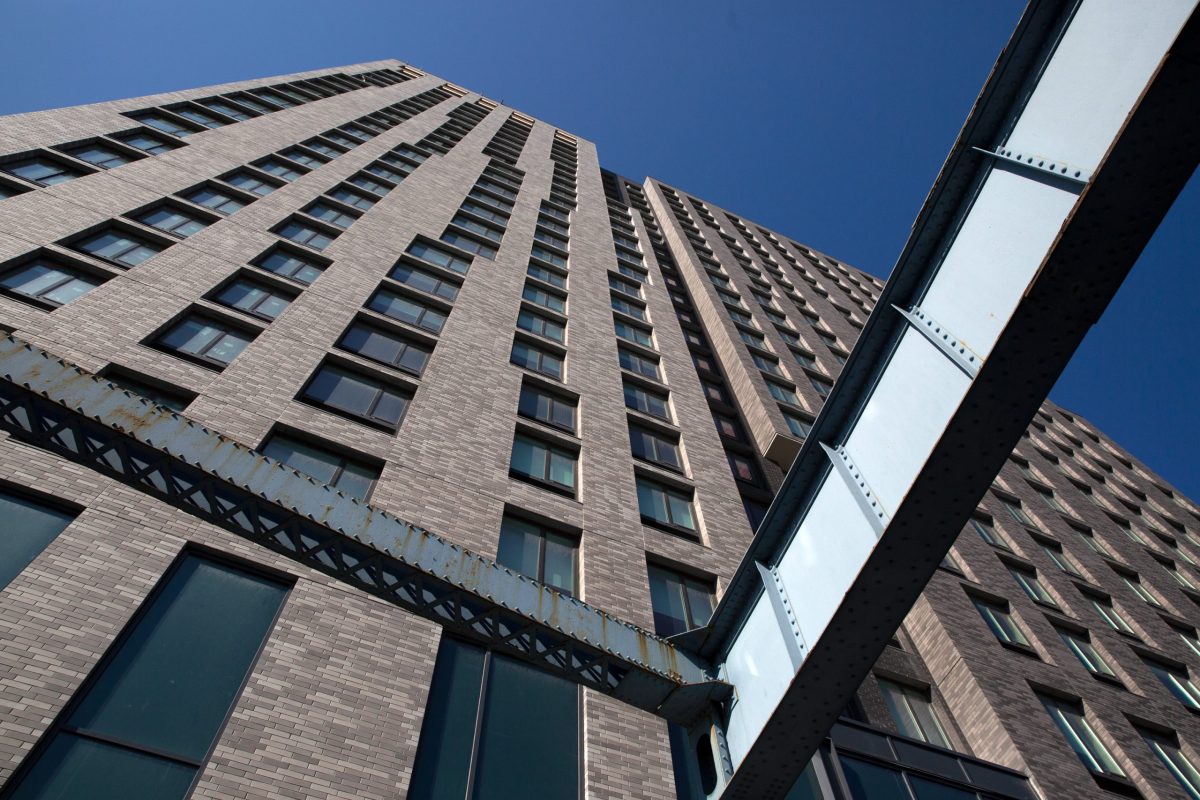 The Bronx Point apartments sits on a park nestled between the I87 and The Bronx River.