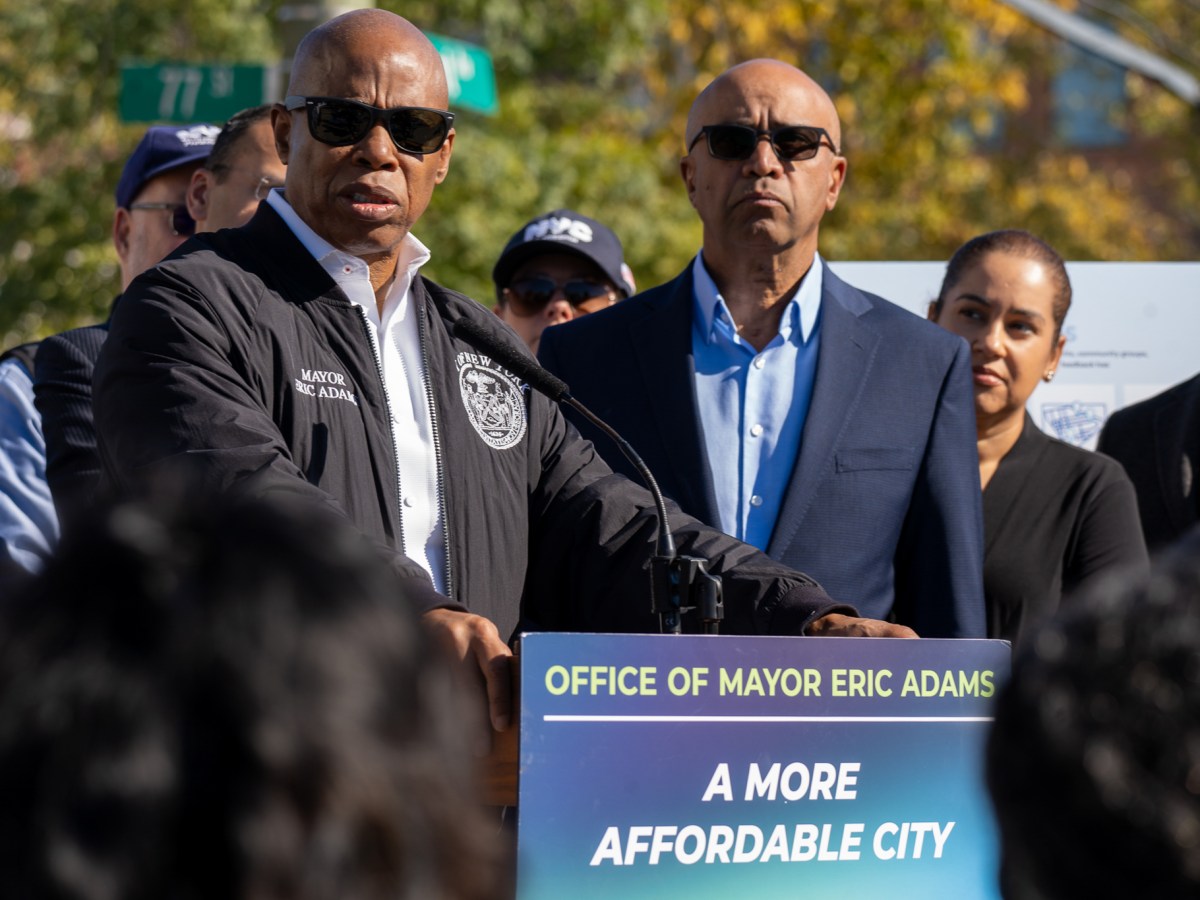 Mayor Eric Adams speaks in “The Hole” about making infrastructure updates to the flood-prone neighborhood