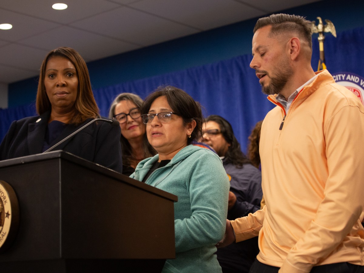 Maria speaks alongside Attorney General Letitia James at her Manhattan office about being sexually harassed while working for construction company Alba Services,