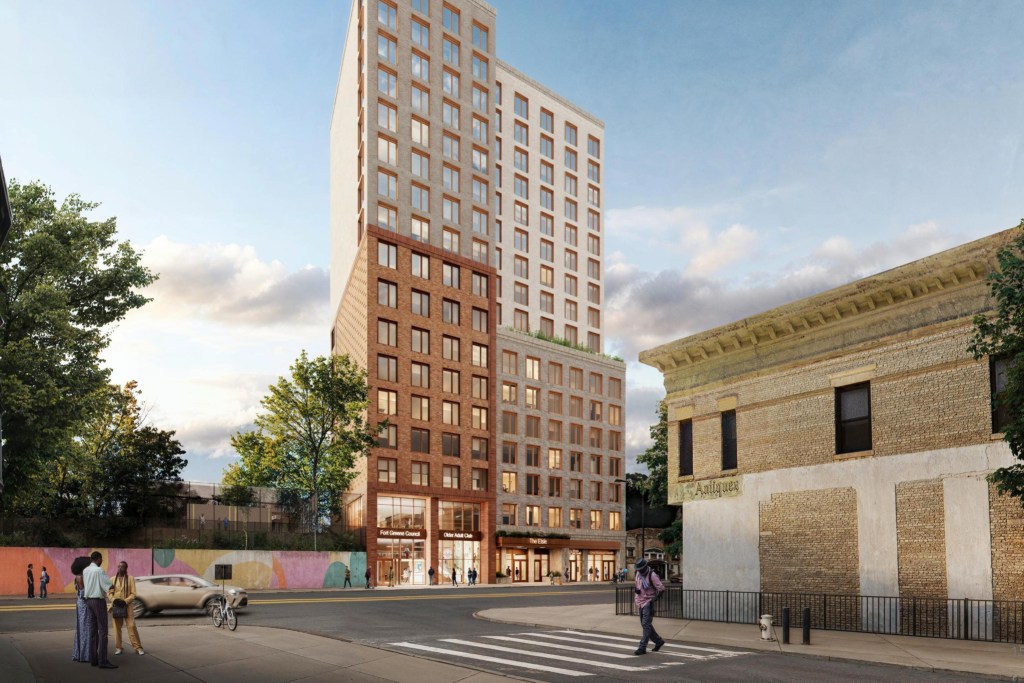The state released a rendering for a proposed affordable housing building on Fulton Street near Classon Avenue in Brooklyn.