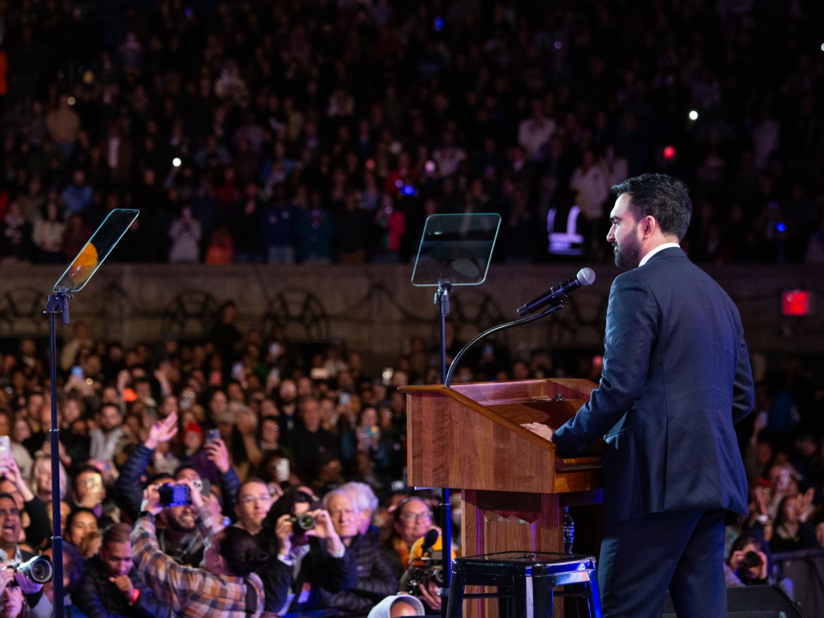 Democratic mayoral nominee Zohran Mamdani speaks in front of thousands of supporters at Forest Hills Stadium,