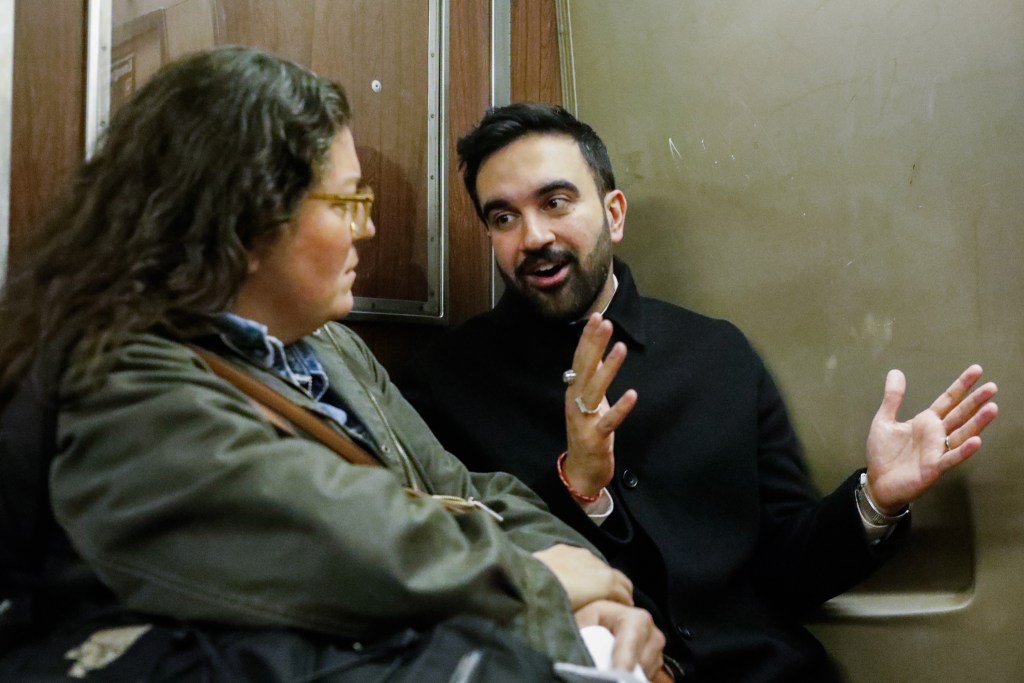 Mayoral candidate Zohran Mamdani answers questions during a subway interview with THE CITY