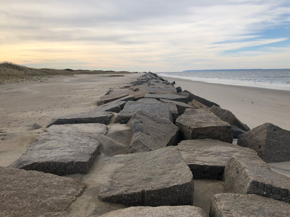 Rocks sit along the beach at Breezy Point at the end of the Rockaway peninsula.