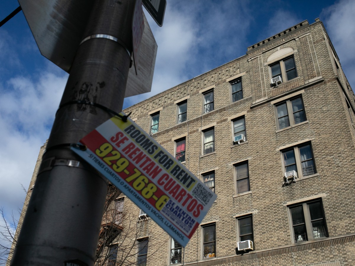 A for-rent sign posted in a North Bronx neighborhood.