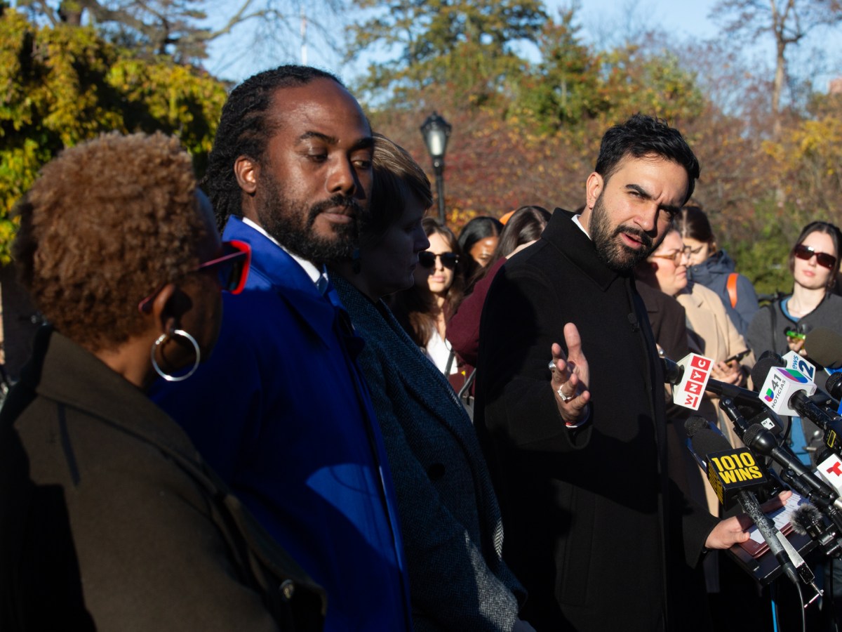 Mayor-elect Zohran Mamdani speaks in Central Park alongside newly-appointed members of his transition committee