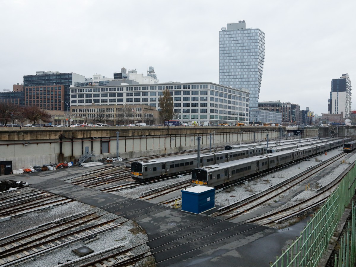 New residential buildings alongside the LIRR tracks leading in and out of Atlantic Terminal in Brooklyn.