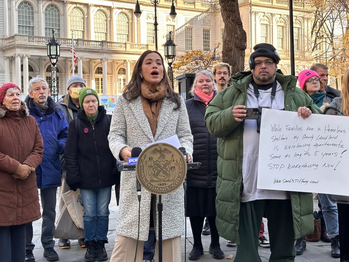 Councilmember Carlina Rivera speaks at a rally outside City Hall in support of a bill that empowers tenants to report vacant units in their building.