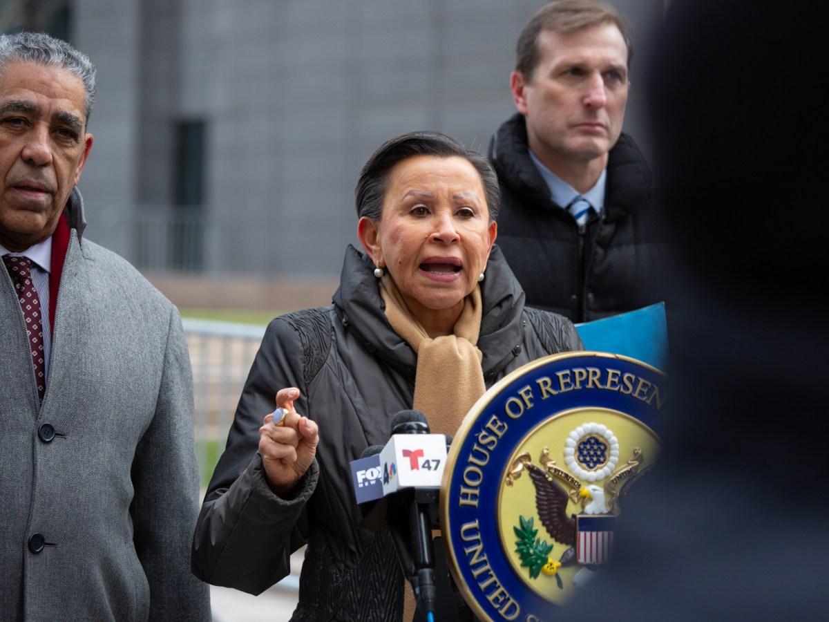 Congressional Rep. Nydia Velazquez (D-Brooklyn) speaks outside 26 Federal Plaza alongside several colleagues after observing immigration court hearings,
