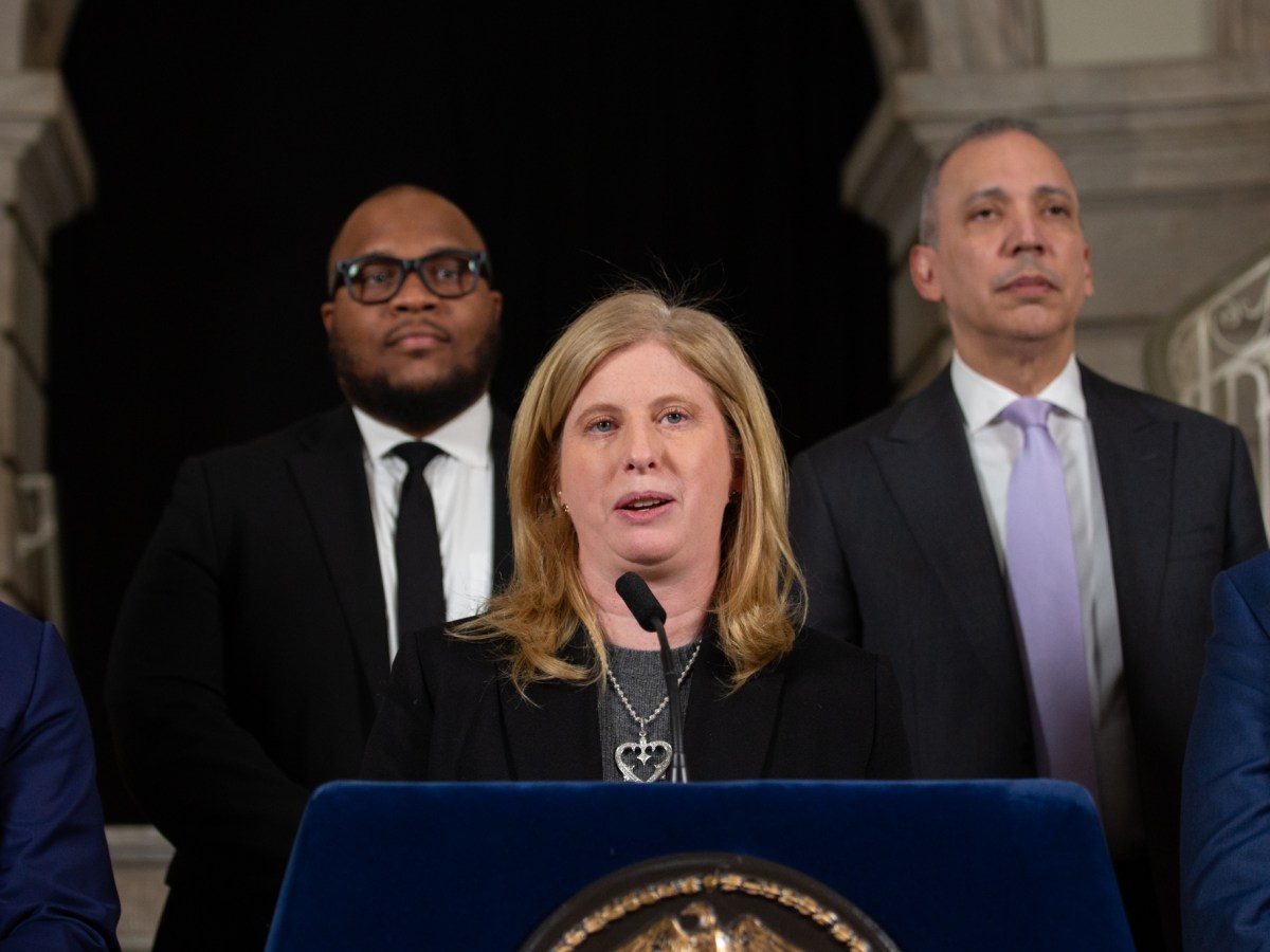 NYPD Commissioner Jessica Tisch speaks at a City Hall press conference alongside Mayor Eric Adams about utilizing translation apps