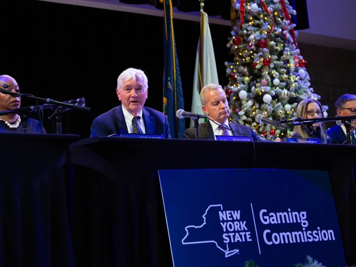 New York State Gaming Commission Chair Brian O’Dwyer speaks after the board voted in Manhattan to approve three casino bids,