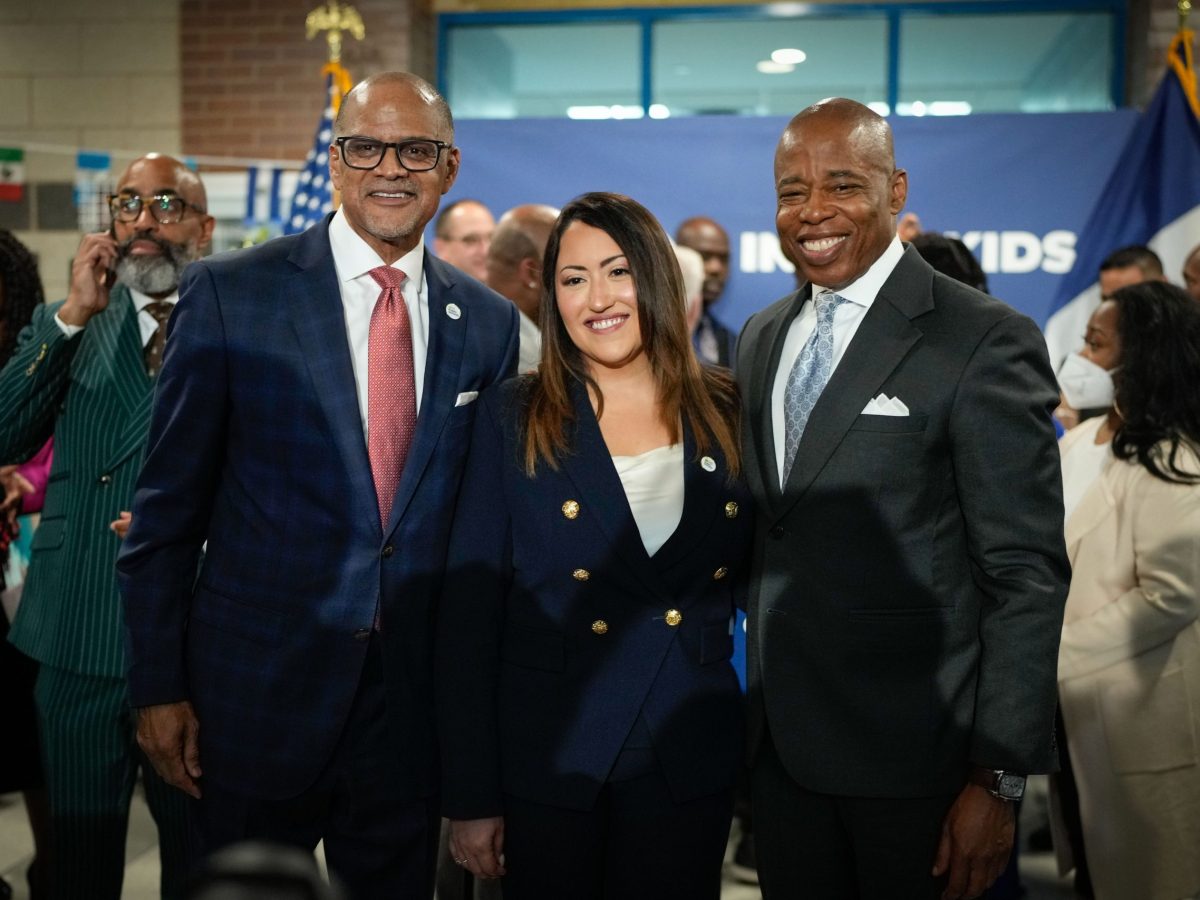 (R-L) New York City Mayor Eric Adams, Melissa Aviles-Ramos, and Schools Chancellor David A. Banks at Bronx School for Law, Government and Justice on Wednesday, Sept. 25, 2024.