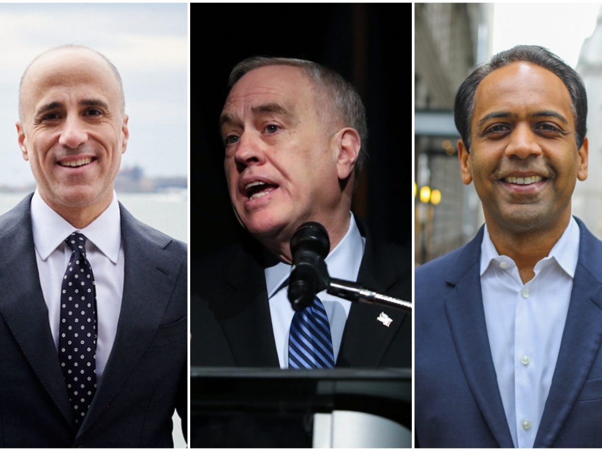 Democratic Comptroller candidates Drew Warshar, incumbent Tom DiNapoli and Raj Goyle are seen in a triptych collage