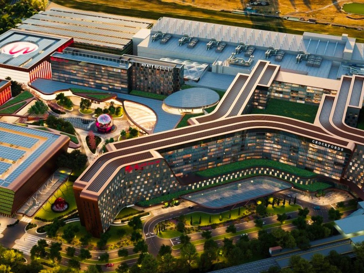 A colorful rendering shows the 5.6 Million Square foot layout for the new Resorts world casino in queens.
