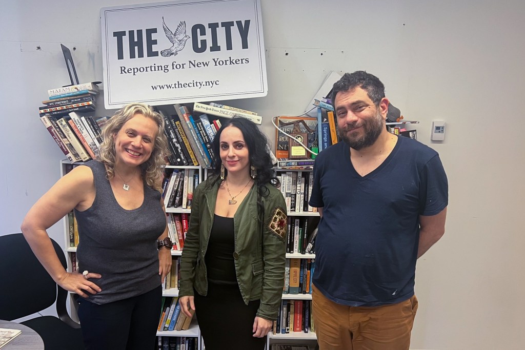 Lit NYC hosts Amy Sohn and Harry Siegel pose with artist Molly Crabapple.