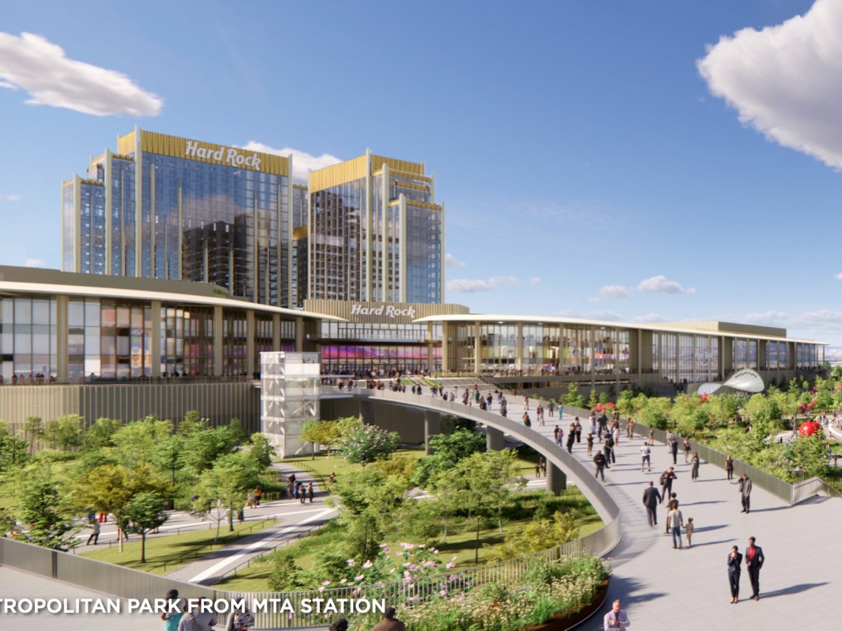 A rendering shows a planned pedestrian path leading from the 7 train to the Metropolitan Park resort and casino.