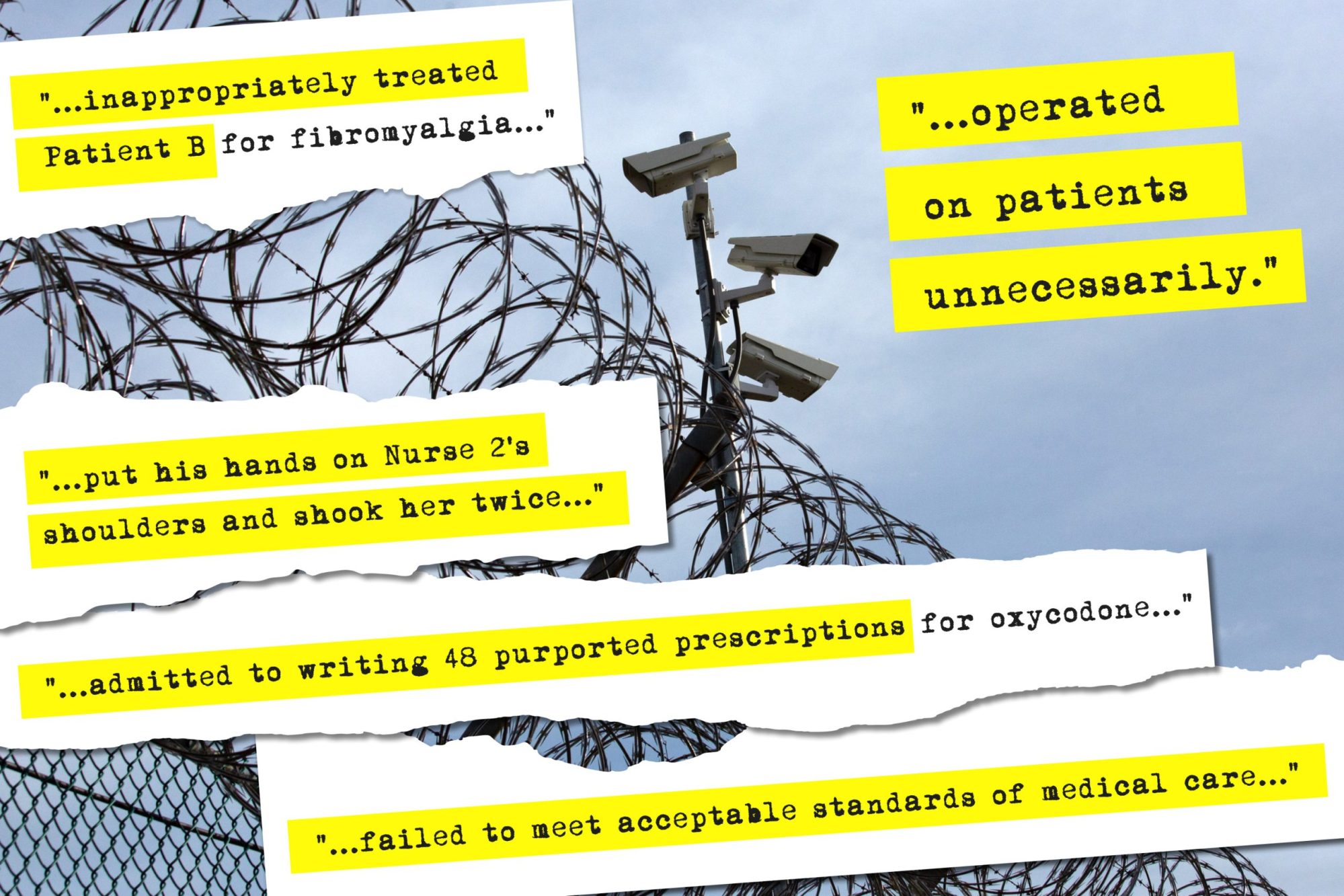 Phrases documenting prison doctors malpractice investigations were highlighted in an illustration against a barbed-wire fence.
